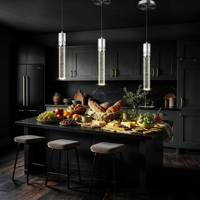 Brushed Nickel Pendant Lights Kitchen Island, Crystal Bubble Pendant Lights, Adjustable Modern Pendant Light Fixtures for Dining Living Room Bedroom 3 Pack