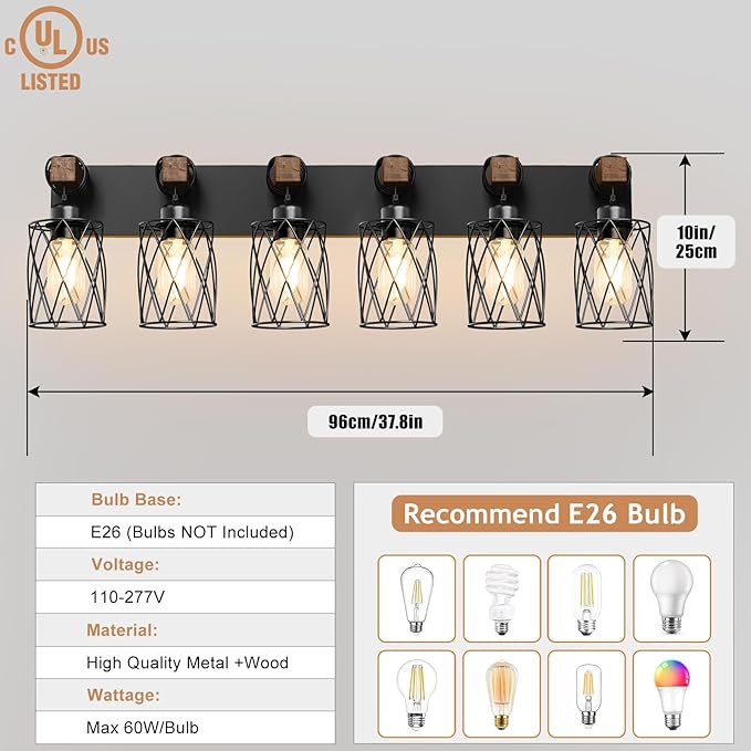 IZORRO Farmhouse Bathroom Vanity Light, 6-Light Wood Bathroom Light Fixtures Over Mirror, Black Industrial Vanity Lights with Metal Shade, Rustic Restroom Lighting Fixtures