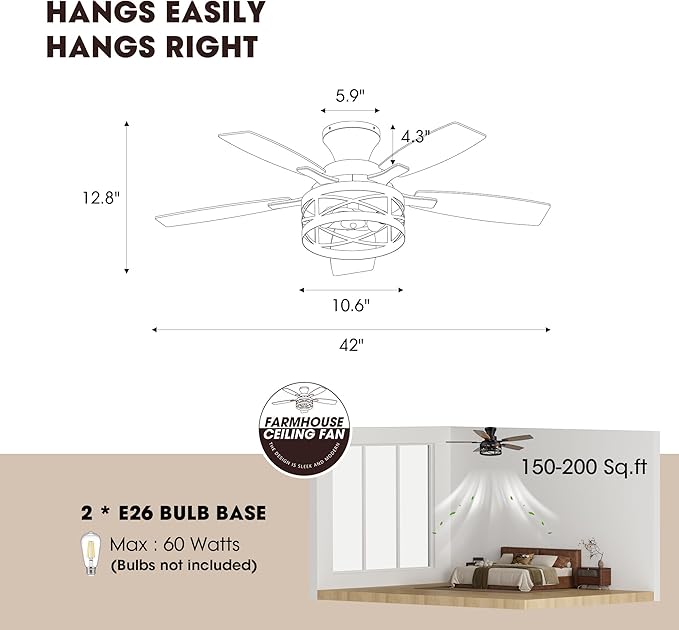 42 Inch Flush Mount Ceiling Fans with Lights and Remote Control, Low Profile Farmhouse Ceiling Fan for Bedroom Living Room and Patio, Black Caged Ceiling Fan for Indoor and Outdoor