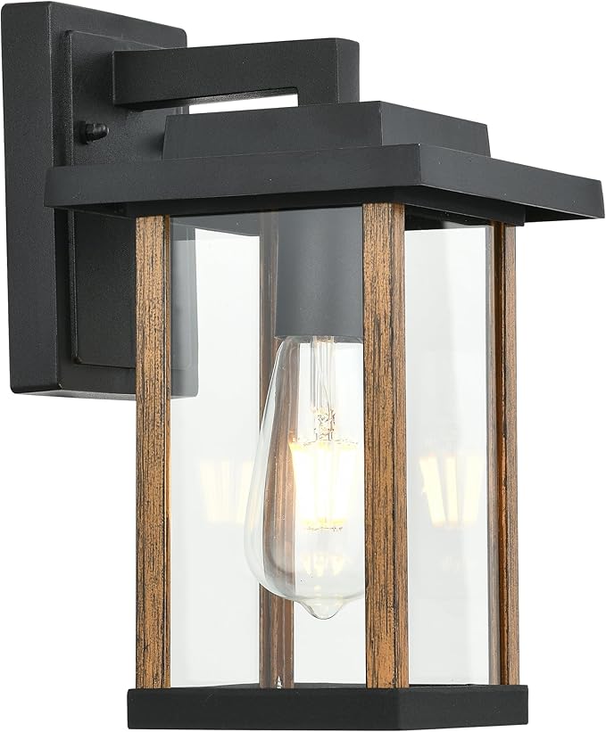 Outdoor Wall Sconce Outside Porch Light in Wood Grain & Black Finish