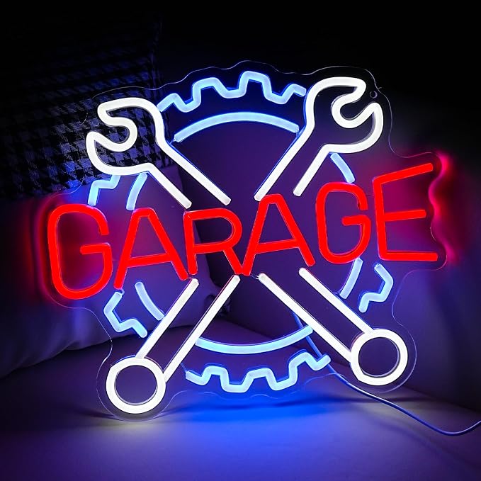 Garage Neon Sign Gear Wrench LED Light Up Sign for Wall Decor USB Check Engine Neon Light for Car Repair Shop Man Cave Gift for Dad Boys(12.6 * 14.5 In)