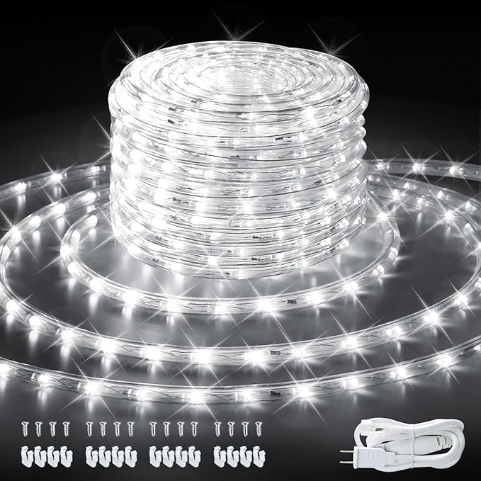 33ft/10m LED Rope Lights, Cool White Rope Light Outside, Waterproof Rope Lighting for Indoor Outdoor, 360 LEDs Plug in Flexible Connectable Decorative Lights for Garden, Patio, Pool, Bedroom (6000K)