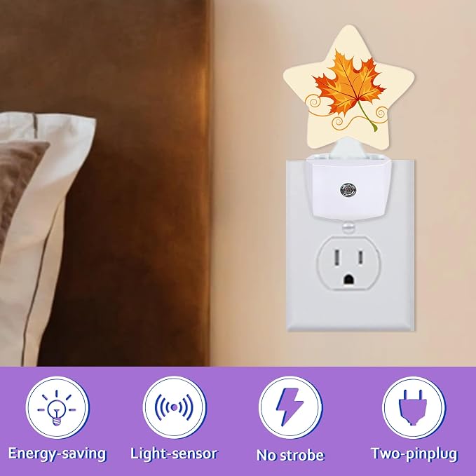 Energy Efficient Nightlights Plug in Wall, Fall Leaf Night Light for Kids Bedroom Decorative, Orange Maple Leaf Dusk-to-Dawn Sensor Sleep Friendly Lamp for Nursery Bathroom Basement