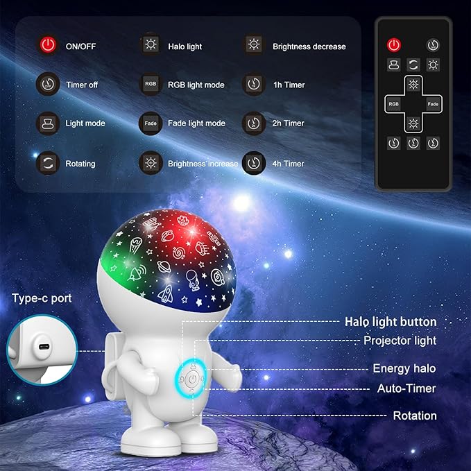 Astronaut Star Projector with Timer,Remote, Adjustable Brightness,Energy Halo and 360 ° Rotation,Space Pattern