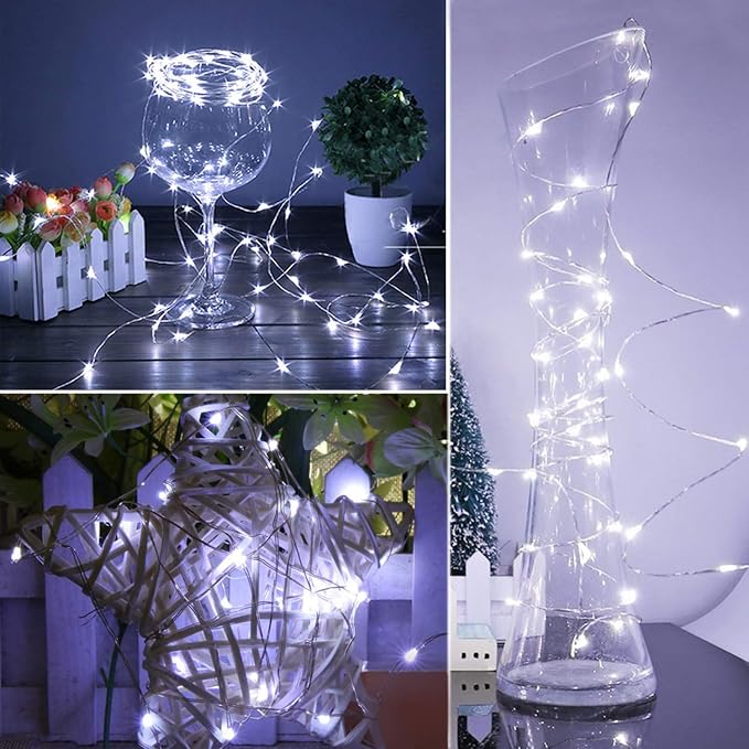 WSgift Christmas 4 Pack 33Ft 100 Cool White Led Fairy Lights Battery Operated with Remote Control Timer Waterproof Silver Copper Wire Twinkle Lights