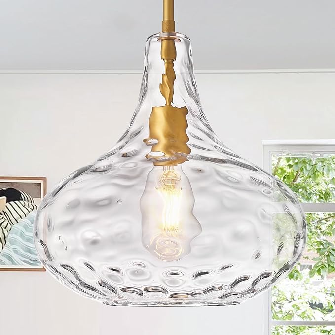11" Clear Glass Pendant Light – Large Hand-Blown Glass Shade with Hammered Texture and Gold Finish, Adjustable Ceiling Hanging Light for Kitchen Island, Dining Room, Hallway, Living Room
