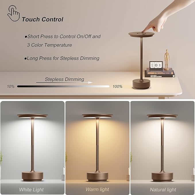 TBBGA 2 Pack Rechargeable Table Lamps Cordless, 5000mAh Outdoor Table Light | 3 Color Stepless Dimming Portable LED Table Lamp with Memory Function, for Home/Dinner/Patio/Restaurant.(Brown)