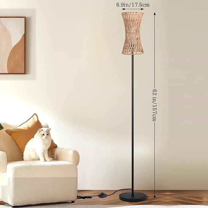 Ruiever Floor Lamp for Living Room,Farmhouse Floor lamp,Modern Standing lamp with Hand-Worked Rattan Shade (Slim Waist Rattan Shade-3 Color Bulb)