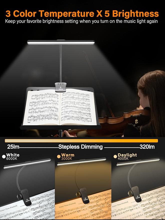 Vekkia Professional 116 LED Rechargeable Music Stand Light | Foldable Clip-on Lamp/Eye-Protective/5 Brightness & 3 Color Temp Adjustments, for Piano, Reading