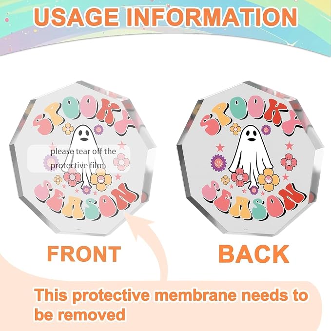 Cute Halloween Ornaments Clear Acrylic Enneagon Shaped Desk Sign Little Ghost & Flower Theme Plaque Happy Halloween Decorations for Holiday Party Home, Desktop Ornament Gifts