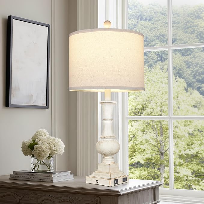 26" Farmhouse Table Lamps Set of 2, Rustic Touch Control Bedside Lamps with 2 USB Ports & AC Outlet, Vintage White Resin 3-Way Dimmable Nightstand Lamp Linen Fabric Shade for Living Room Bedroom Decor