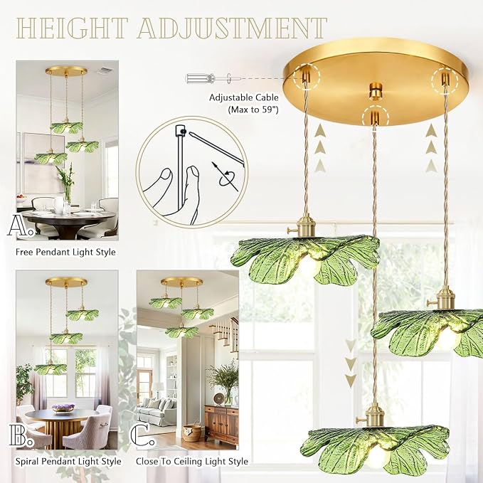 Vintage Cluster Pendant Light 3-Light Green Flush Mount Chandelier | Green Flower Glass Hanging Ceiling Light, Brass Gold E26, Adjustable 59" , Mid Century Modern, Dining Room Kitchen Farmhouse
