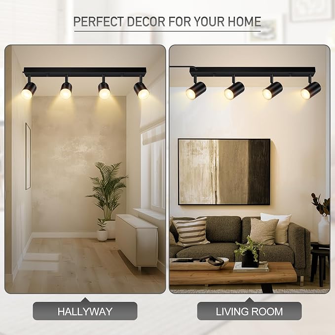 Plug in Track Lighting, LED Track Light Kit, Black 4-Light Track Lights for Kitchen, 15 FT Cord,23" Ceiling Spotlight, Rotatable Wall Mount Light Head for Bedroom Hallway Living Room
