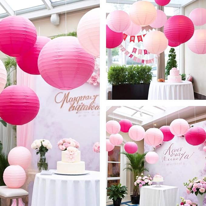 Chinese Paper Lanterns for Birthday Party Decorations – Hanging Rainbow Lanterns for Ceiling Decor, Classroom, Wedding, and Home Party – Pack of 18,Pink and Rose Red(8/10/12-Inch)