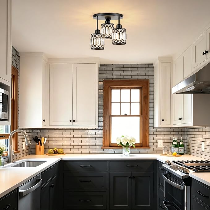 Black Crystal Ceiling Light Fixture, 3-Light, E26 | Modern Semi Flush Mount Ceiling Light, Kitchen Lighting Fixtures Ceiling for Hallway Bedroom Bathroom Laundry Room