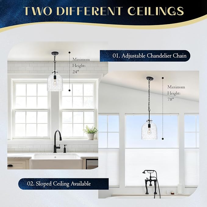 Farmhouse Black Pendant Light – 10" Seeded Glass Dome Hanging Lighting, Hand-Blown Bubble Glass Shade, 1-Light E26 Pendant Lights for Kitchen Island, Dining Room, Hallway