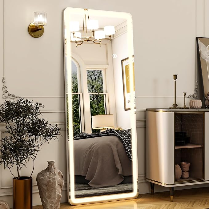 Easly 21"x56" Rectangular Full Length Mirror with LED Lights, Standing or Wall-Mounted Full Body Mirror with Stand, Dimmable 3-Color Lighted Floor Mirror for Bedroom, Dressing Room, Cloakroom
