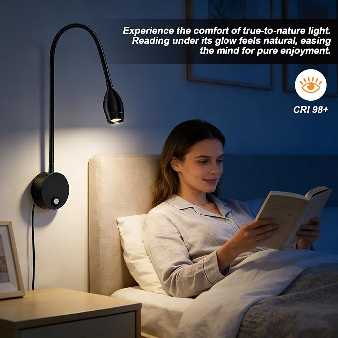 ERAY 1 Pack Plug-in LED Wall Mounted Bedside Reading Light for Bed | Touch Control, 3 Dimmable, 360°Flexible Gooseneck Headboard Book Reading Night Lamp Wall Sconce,Eye-Caring, 3000k-6000k