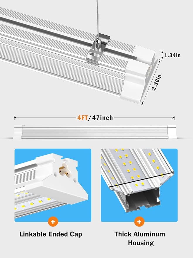Commercial-grade 10000LM 5000K 60W Linkable 4 Foot Led Shop Lights for Shop | Upgrade Super Bright 4 Pack Hanging&Surface Mount 4' Linkable 4FT Led Shop Light Fixture for Workshop Garage Workbench