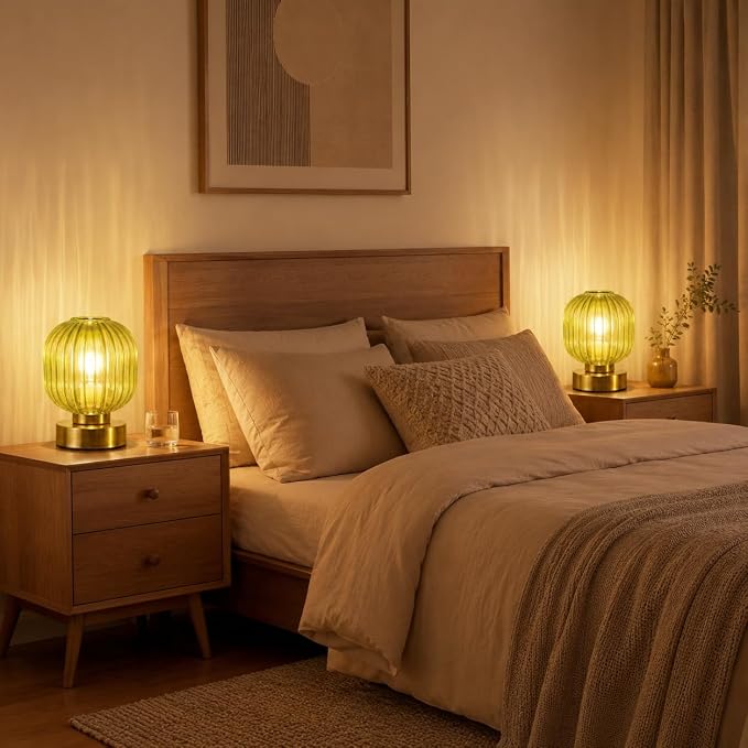 Elenhome Green Touch Glass Table Lamp Set of 2, 3-Way Dimmable Bedside Lamps, Vintage Mid-Century Modern Nightstand Lamps for Bedroom and Living Room, Ambient Mood Lighting, LED Bulb Included