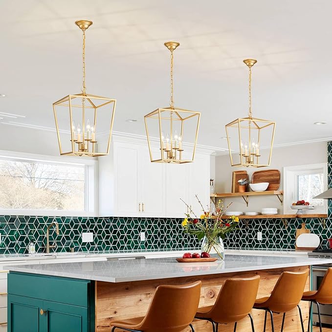 ANJIADENGSHI Vintage Lantern Pendant Light 4 Light Lantern Chandelier Farmhouse Gold Pendant Light for Kitchen Island Entryway Dining Room Hallway Bar Cafe(Bulbs Not Included)