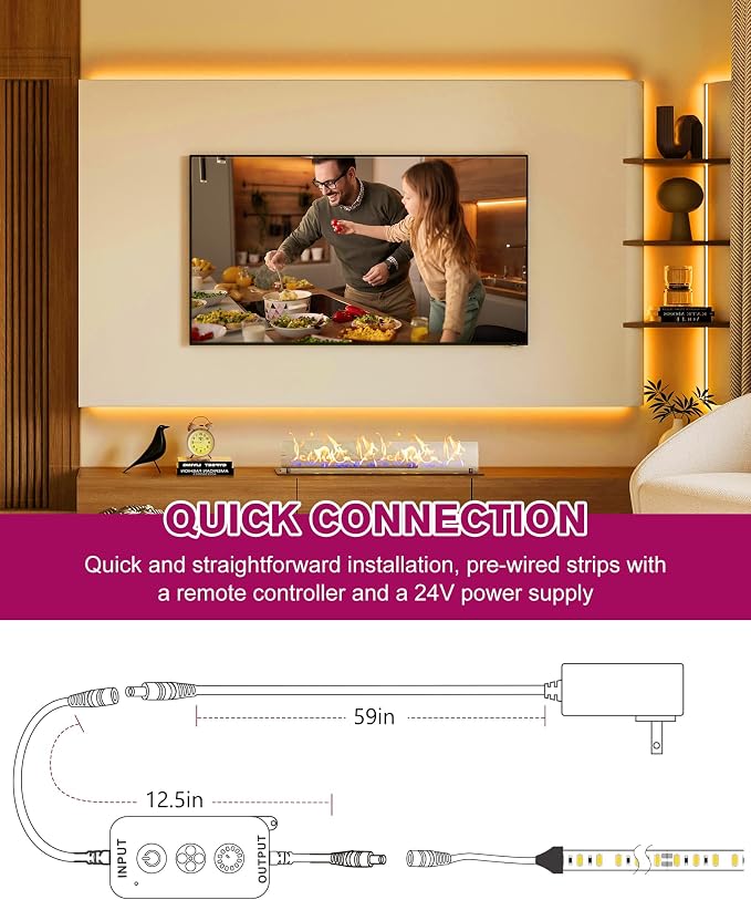 EMITEVER Warm White LED Strip Light Kit 2700K,16.4ft 600LEDs,24V Dimmable | CRI 95+,240+LM/ft.ETL 48W power supply & remote included, UL listed Strip for living room,kitchen,under cabinet & shelving