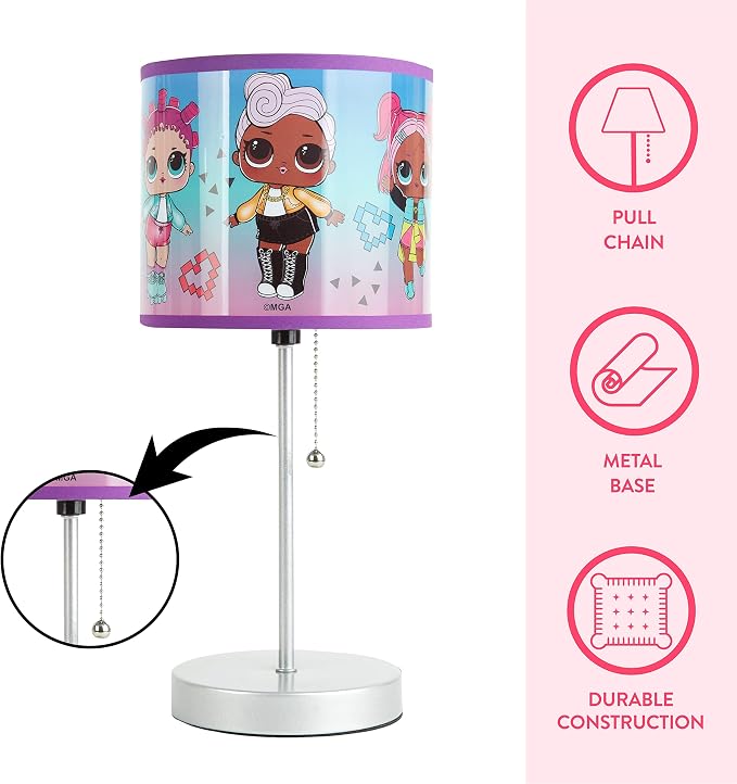 LOL Surprise Kids Stick Table Lamp,Pull Chain On/Off with Themed Printed Decorative Shade, Bedroom & Playroom Lighting