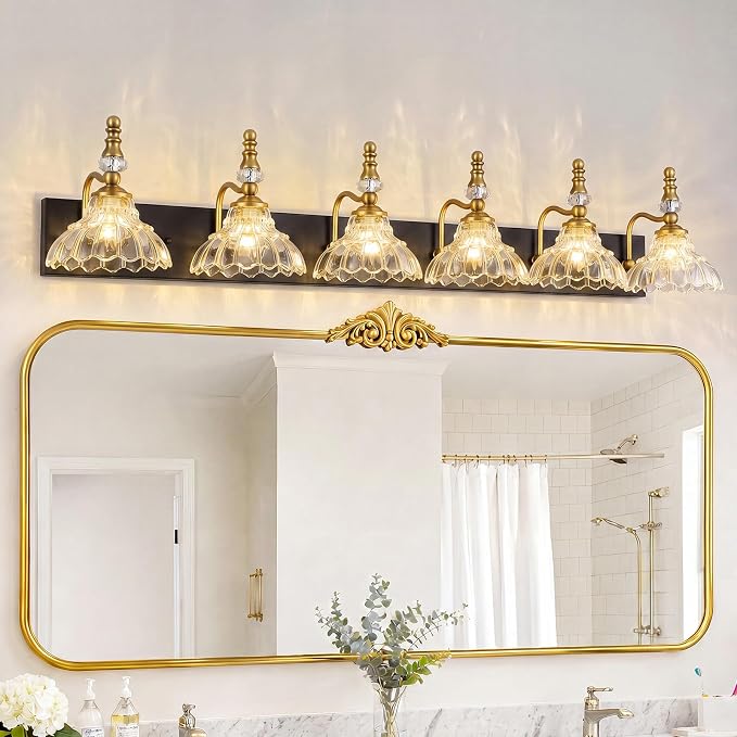 Vintage Bathroom Vanity Light, 6-Light Black Gold Vanity Lighting Fixture with Flower Glass Shade, Bathroom Lighting Fixtures Over Mirror