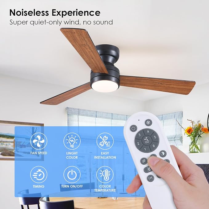 Asyko 46" Brown Modern Low Profile Ceiling Fans with LED Lights and Remote | Flush Mount,Reversible 6 Wind Speeds, Dimmable 3 CCT LED Light, 25W Quiet DC Motor,3 Double-Sided Blades,for Bedroom Kitchen