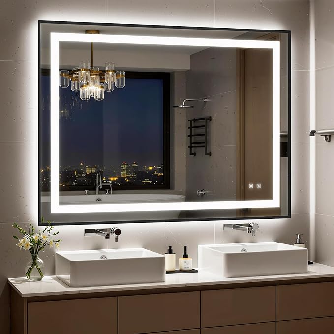 48X36 Inch LED Bathroom Mirror with Lights, Black Frame Frontlit+ Backlit Bathroom Vanity Mirror for Wall, Ultra-Clear Tempered Glass, Shatter-Proof, Anti-Fog and Memory Function, ETL Listed
