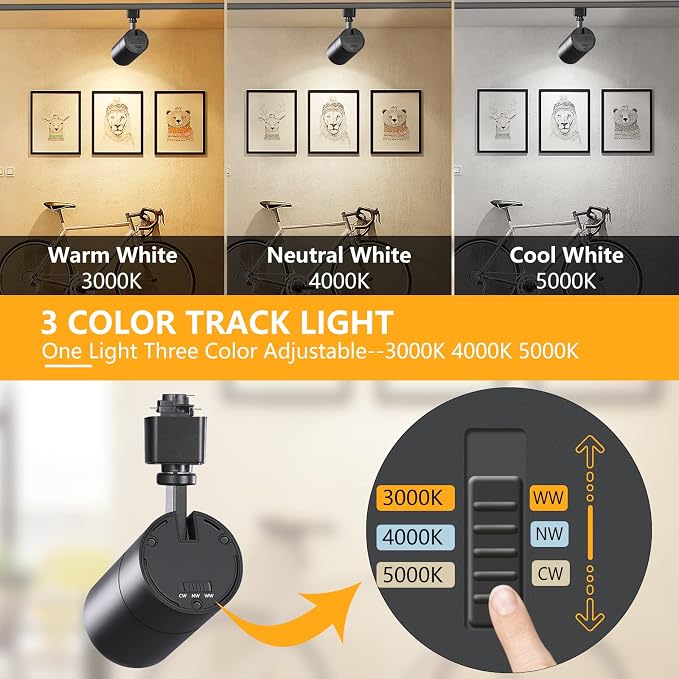VANoopee 3-Color 20W H Track Lighting Heads Dimmable, Black 1 Pack | Bright LED Track Light Fixtures Ceiling Spotlight for Kitchen, 3000K 4000K 5000K Adjustable, Flicker Free CRI90+ 36° 2000lm