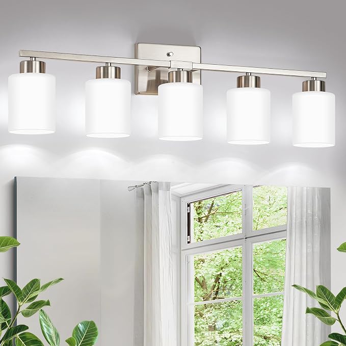 Brushed Nickel Bathroom Light Fixtures Vanity Lighting Over Mirror | 5-Light Modern Wall Sconces with Milky White Frosted Glass Shades for Restroom (E26 Socket)