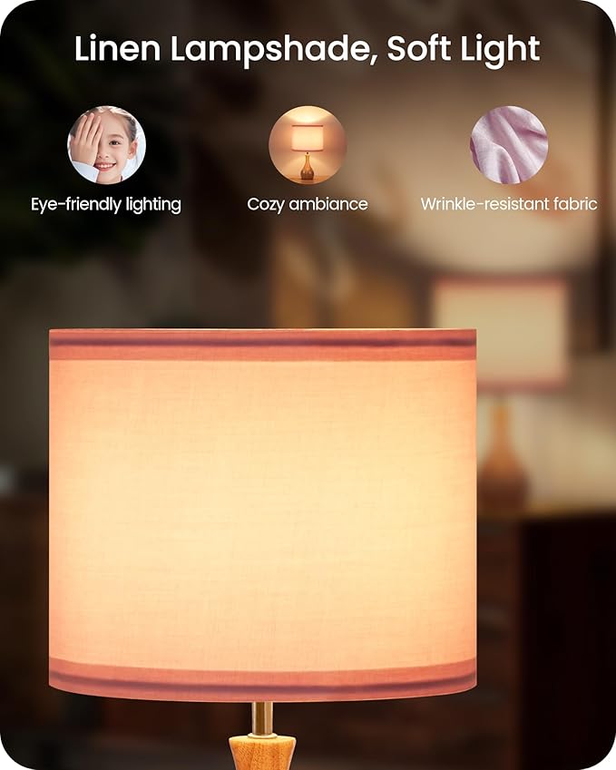 Small Table Lamp, 14.2" Cute Little Desk Lamp with Wood Bottle-Shaped Base & Pink Linen Lampshade, Bedside Lamp with Cable, E26 Base, Bulb Not Included, for Bedroom, Natural MP09TL05