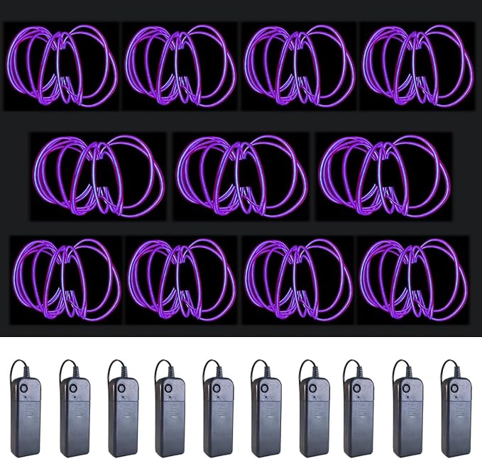 MaxLax EL Wire Purple 10-Pack, 9ft/2.75m Neon Light Wire with Noise Reduction and Battery Pack…
