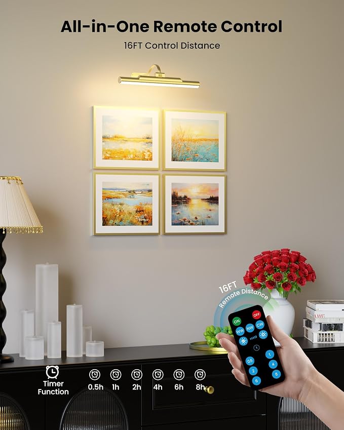 Picture Light for Wall Battery Powered Wireless 13in Gold | 4400mAh Rechargeable,CRI 95+ Dimmable,3 CCT Remote Wall Sconce, 250° Rotatable, Art Light for Paintings Photos Dartboard