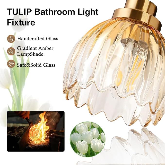 TALOYA Black Gold 3-Light Bathroom Vanity Light with Amber Tulip GlassShade | Modern Vanity Lighting Fixtures, Bathroom Lights Over Mirror, Wall Mount Mirror Light Fixtures for Bathroom Hallway Bedroom