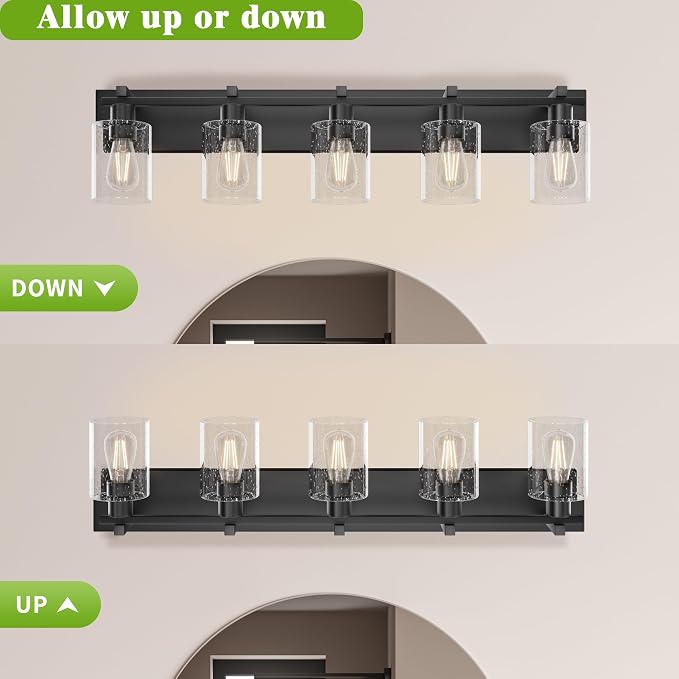 5-Light 37inch Black Vanity Light, Thickened Seeded Glass Shade | Over Mirror for Bathroom, Rust Resistant, E26 Base, Easy Install, Removable Glass Shade Horizontal Mount, Dimmable