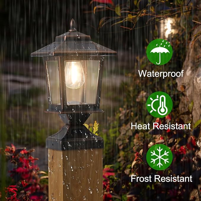 Derynome Solar Post Cap Lights, Waterproof Outdoor Light for 4x4 Wooden Posts, Solar Lights with Glass Shade for Deck Fence Patio Post Decor,Bronze (2 Pack)