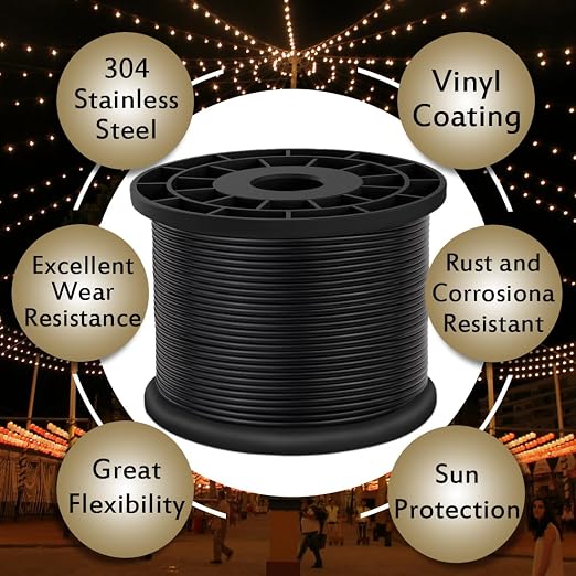 Vinyl Coated Wire Rope 304 Stainless Steel Coated Wire Cable-Black, 1/16" OD to 3/32" x700FT, with 250 Pcs Crimping Sleeves-Cable for String Lights, Suitable for Clotheslines