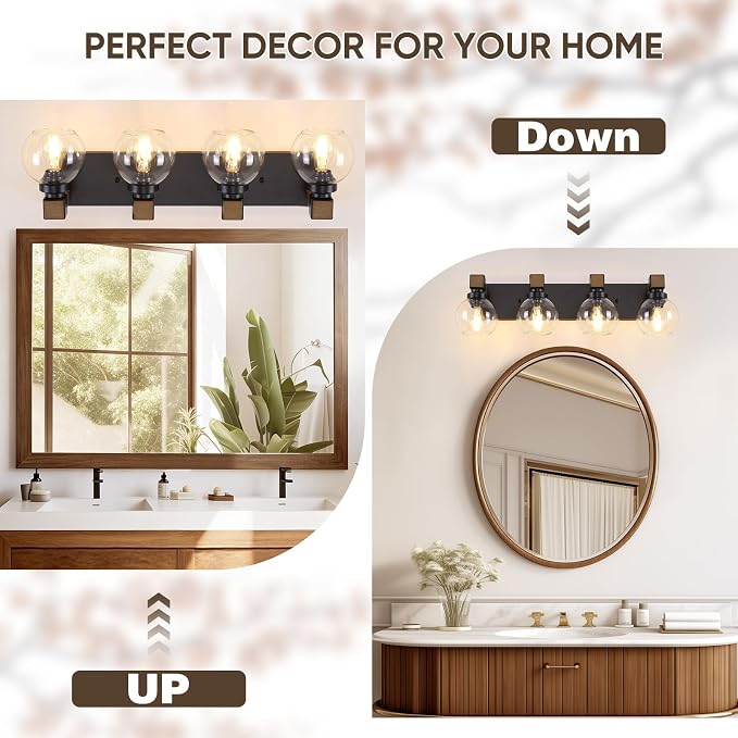 Bathroom Light Fixtures Over Mirror, Rustic 4-Light Wood Vanity Lights for Bathroom, Vintage Black Bathroom Wall Sconces Lighting with Globe Shades for Mirror Hallway Cabinet Living Room