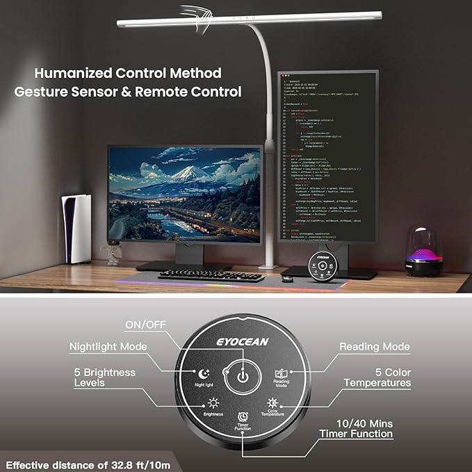 EYOCEAN Desk Lamp, 31.5" Desk Light for Home Office, Brightest 24W, Gesture Sensor & Remote Control, Dimmable & Color Temperature, Monitor Light Bar with Telescopic Rod, Height Adjustable