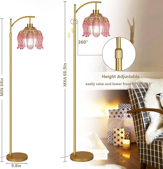 ILLMTW Pink Floor Lamp for Living Room,Bedroom,Glass Mid Century Modern Standing Lamp with Remote,Dimmable Gold Brass Tall Lamp Tulip Flower Arc Floor Light Boho Bohemian