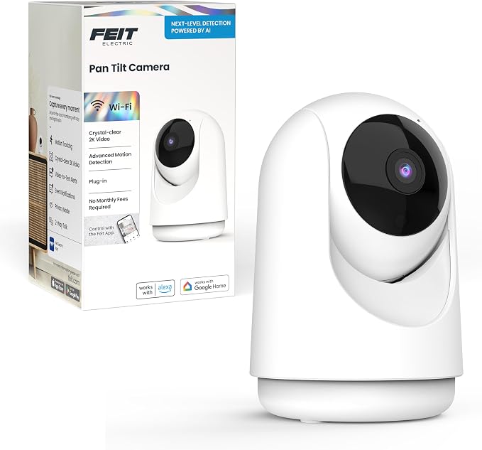 Feit Electric Smart Indoor Pan Tilt Baby Monitor Camera, 2K WiFi Security Camera with AI Motion Alerts, Motion Tracking, Night Vision (30 ft), Two-Way Audio, Local Storage, 2.4GHz WiFi