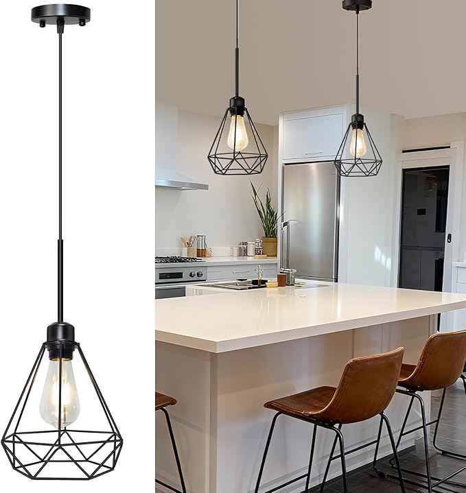 Maliralt Pendant Light Hanging Lights Fixture - Adjustable Hanging Lamps with Black Metal Diamond Shade for Kitchen Island, Dining Room Over Table, Breakfast Corner, Farmhouse Home Decor - 1 Pack