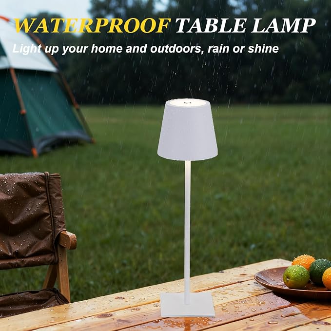 Kakanuo White Gold Cordless Rechargeable Table Lamp 5000mAh Battery Operated Lamps, 3 Colors Stepless Dimming Touch Lamp for Living Room, Kitchen Counter, Dining, Outdoor Patio, 2 Pack
