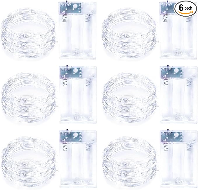 6 Pack Fairy Lights Battery Operated with Timer Silver Wire Mini 13FT 40LED Waterproof Cuttable Twinkle Christmas String Lights for Home Bedroom Wedding DIY Centerpiece Birthday (White)