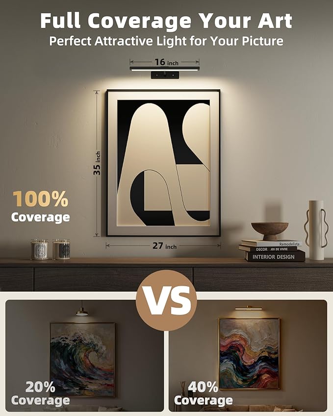 EZVALO Picture Light for Wall, 4800mAh 16'' Rechargeable Wireless with IR Remote Battery Lights for Painting, Dimmable Magnetic LED Art Display Light, Colors Temperatures, for Gallery, Living Room