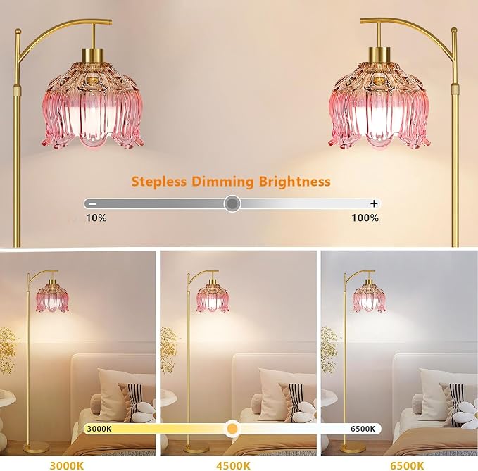 ILLMTW Pink Floor Lamp for Living Room,Bedroom,Glass Mid Century Modern Standing Lamp with Remote,Dimmable Gold Brass Tall Lamp Tulip Flower Arc Floor Light Boho Bohemian