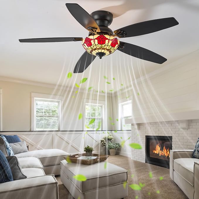 Tiffany Ceiling Fans with Lights-52"Ceiling Fan Chandelier and Glass Shade | 52" Ceiling Fan Chandelier with 5 Dual-Blades and Glass Shade, 6 Speeds and Reversible, Indoor and Outdoor, Retro Style