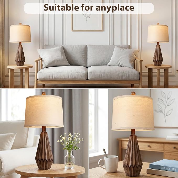 Hamucd Set of 2 Modern Farmhouse Lamp for Living Room, Rustic Resin Beside Table Lamps with Linen Shade, Vintage Lamps for Nightstands Bedroom Entryway Decor